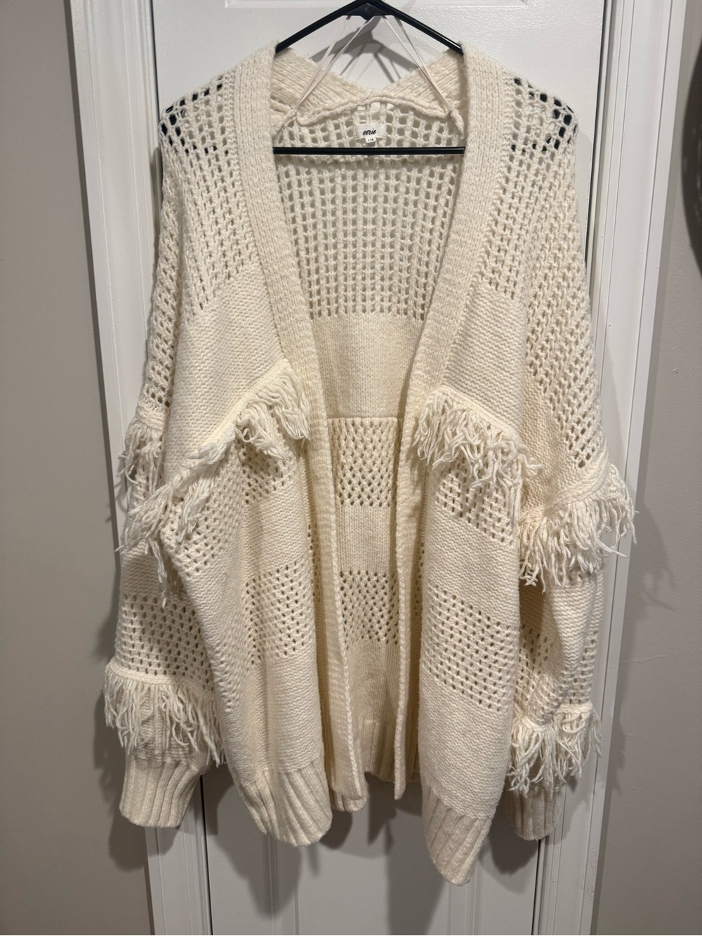 aerie Cream Fringe Open-Knit Cardigan OVERSIZED